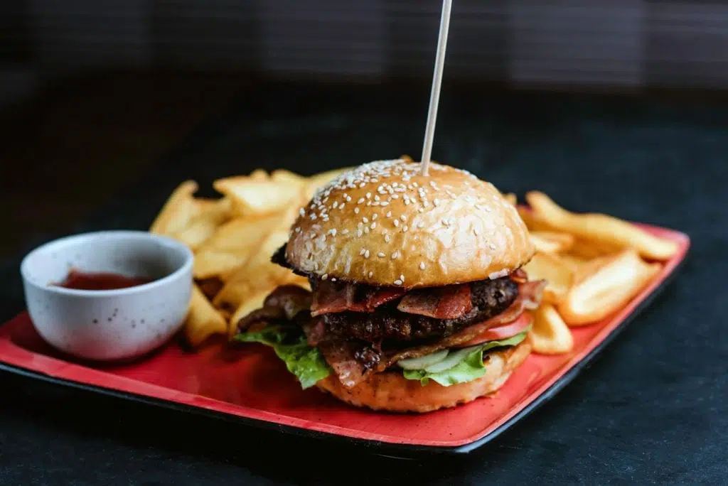 Homemade Burger with homemade chips and tomato sauce at Rubin Wellness & Conference Hotel Budapest